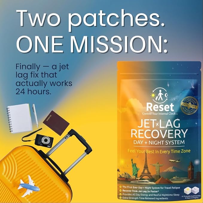 Reset Jet Lag Recovery System | Day and Night Transdermal Patches with Extra Strength Melatonin Magnesium and B Vitamins | Travel Fatigue Relief Sleep Support and Energy Boost |12 Patches