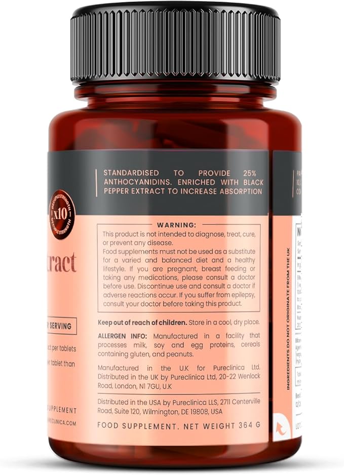 pureclinica Bilberry Extract 10000mg x 1080 Tablets (6 Bottles of 180) - 10 X More anthocyanidins