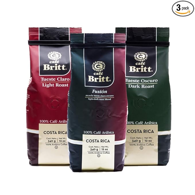 Café Britt® - Costa Rican Blends Mixed Bundle Coffee (12 oz.) (3-Pack) - Whole Bean Arabica Coffee Kosher Gluten Free 100% Gourmet &amp Light Medium Dark &amp Dark Roast