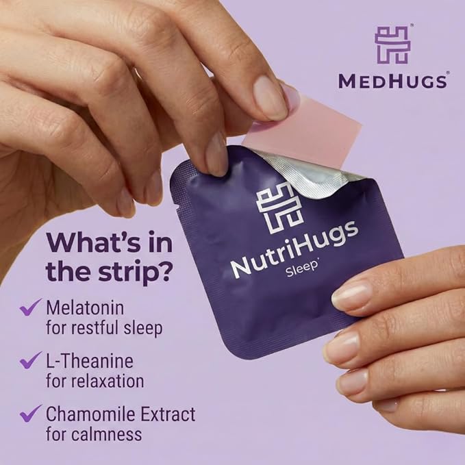 NutriHugs Sleep Aid Oral Thin Film Strips – Valerian Root Chamomile Lavender Melatonin Hibiscus &amp Natural Ingredients | Vegan Sugar-Free Non-GMO | Doctor-Formulated | 30 Strips