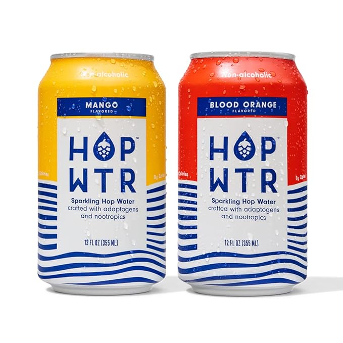 HOP WTR Sparkling Hop Water Mango 6 Pack Blood Orange 6 Pack Sugar Free Low Carb Non Alcoholic Drinks NA Beer Adaptogen Drink No Calories Adaptogens &amp Nootropics for Added Benefits 12 oz C