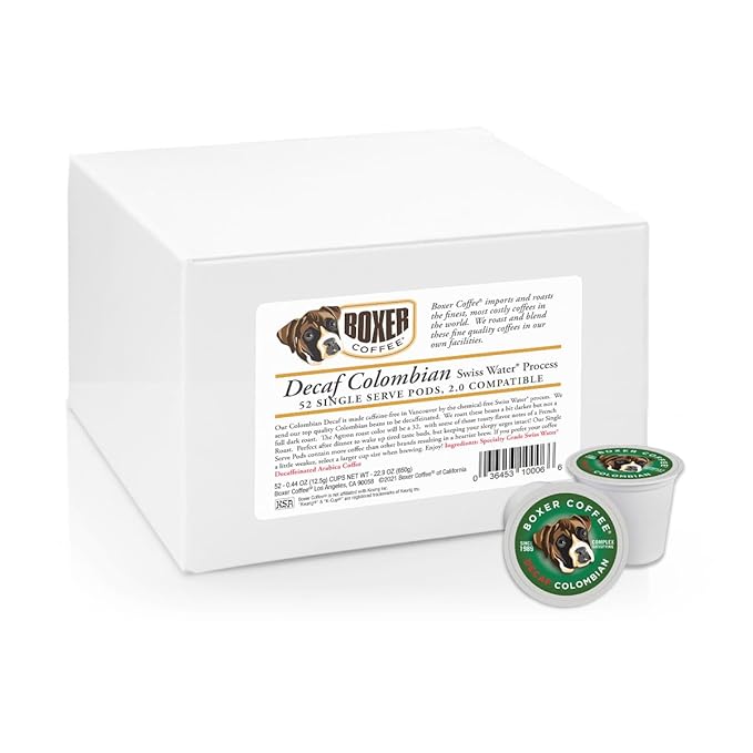 Boxer Coffee 52ct Decaf Colombian – Single-Origin Swiss Water Process Medium Roast Coffee Pods – Specialty Grade Artisan Single-Serve Cups – Compatible with Keurig K-Cup Brewers