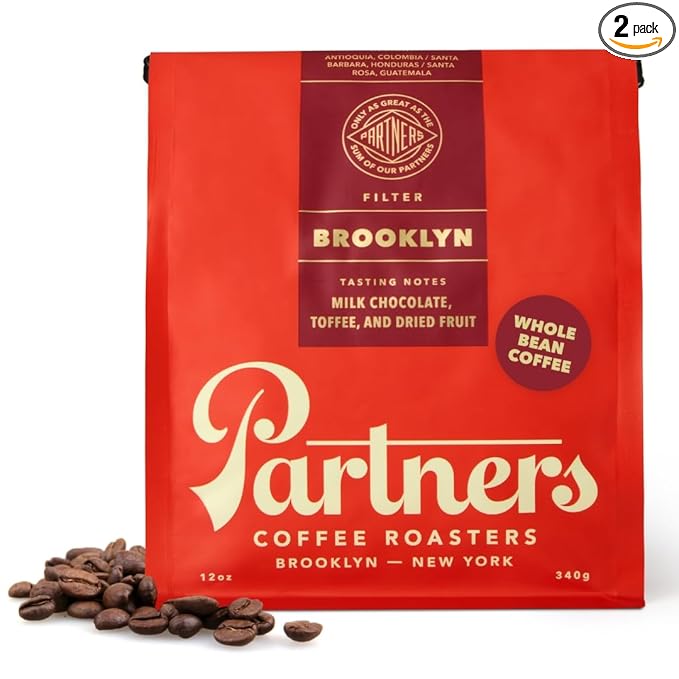 PARTNERS COFFEE ROASTERS - Whole Bean Coffee (Brooklyn - Medium Roast) 12oz (2 Pack) - Versatile &amp Delicious Daily Brew - Whole Coffee Beans - Lab Tested for Mycotoxins &amp Heavy Metals - Hand R