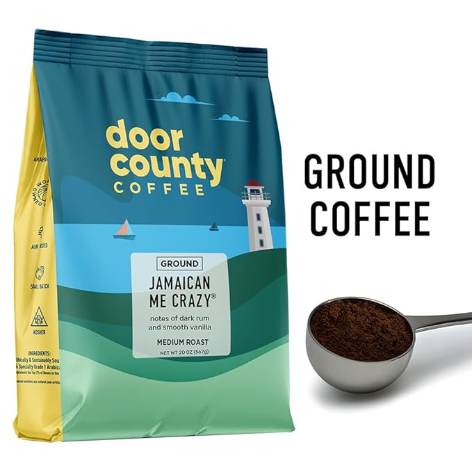 Door County Coffee - Jamaican Me Crazy - Rum &amp Vanilla Flavored Coffee - Medium Roast - Ground Coffee - 20 oz Bag