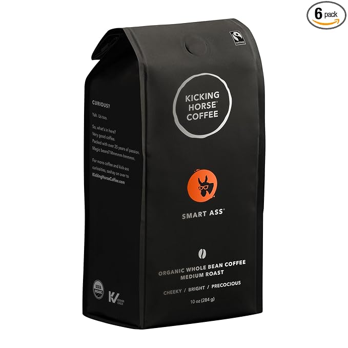 Kicking Horse Coffee Smart Ass Medium Roast Whole Bean Certified Organic Fairtrade Kosher 10 Ounce (Pack of 6)