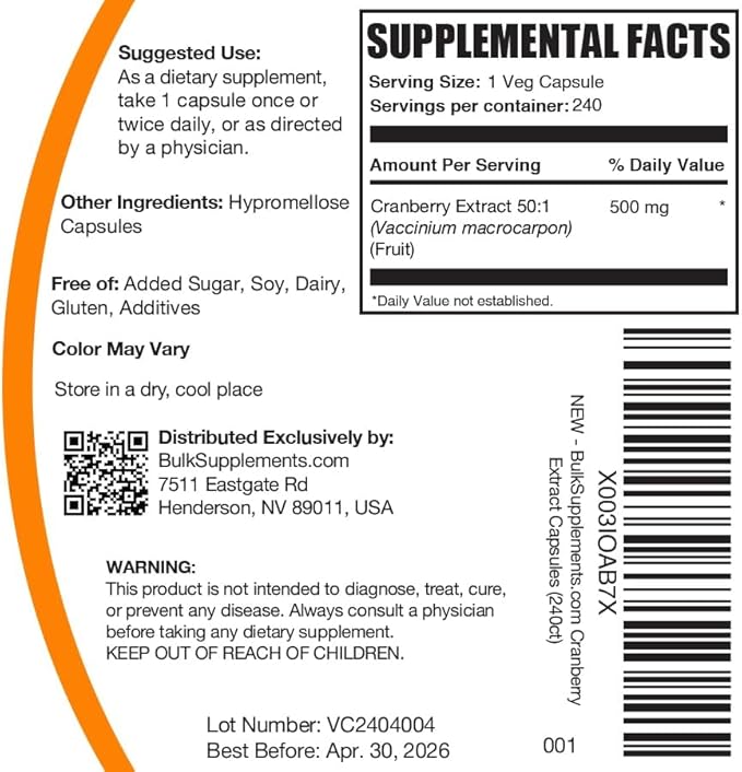 BulkSupplements.com Cranberry Extract Capsules - Cranberry Supplements for Men &amp Women Herbal Supplement - Vegan &amp Gluten Free 1 Capsule per Serving (500mg) 240 Count (Pack of 1)