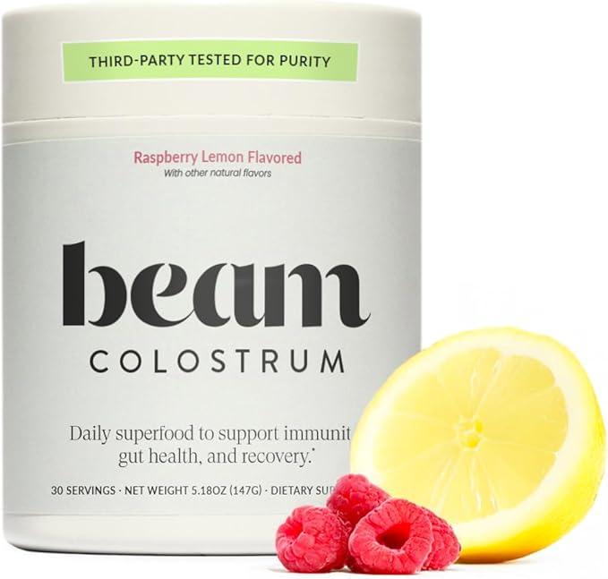 Beam Colostrum Powder – Grass-Fed Bovine Colostrum Supplement 3g Per Serving Colostrum for Gut Health Immune System &amp Digestive Health Support Raspberry Lemon Flavor 30 Servings