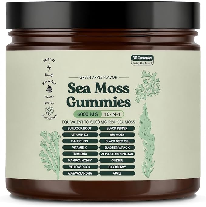 Sea Moss Gummies 16-in-1 Sea Moss Blend with Black Seed Oil-Green Apple Flavor(1 Bottle)