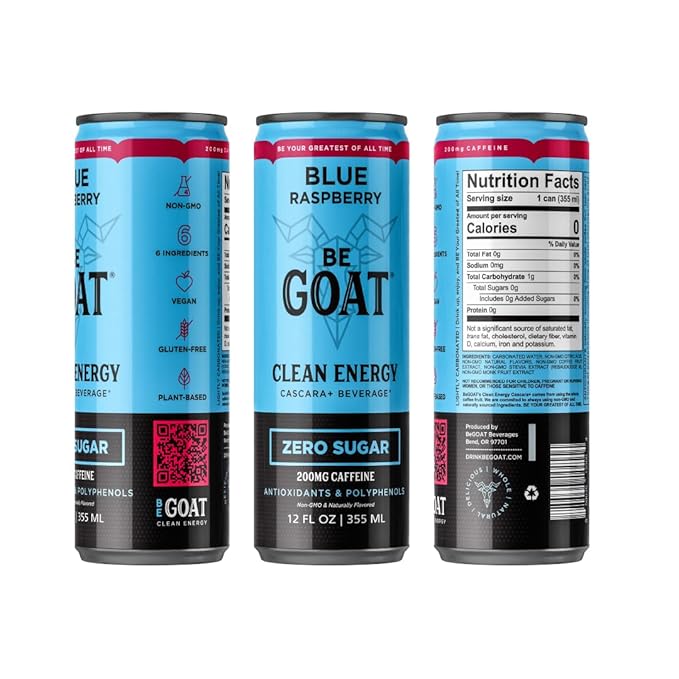 BeGOAT Clean Energy | Zero Sugar Variety Pack | 6 Ingredients Plant-Based Zero Sugar Non-GMO Vegan | 200mg Natural Caffeine | 12 fl oz Cans (Pack of 12)