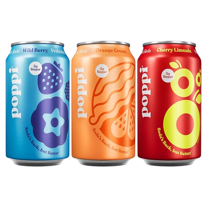 Poppis Prebiotic Soda Variety Pack - 18 Count 12 fl oz Cans - Wild Berry Orange Cream &amp Cherry Limeade - Gluten free Non GMO Low Sugar Low Calorie