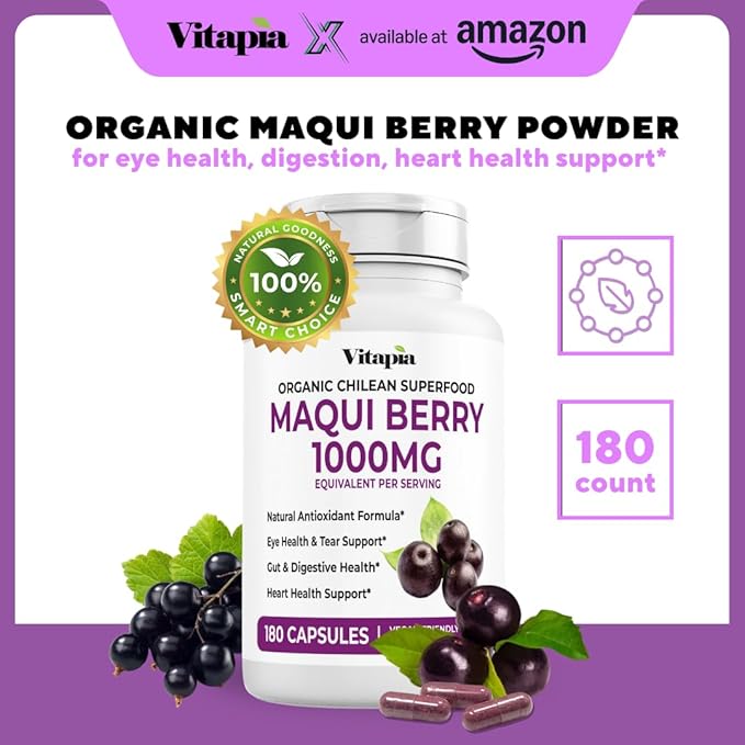 Vitapia Maqui Berry 1000mg - Maqui Berry Powder Supplement - Vegan Friendly Non-GMO and Gluten-Free - 180 Veggie Capsules