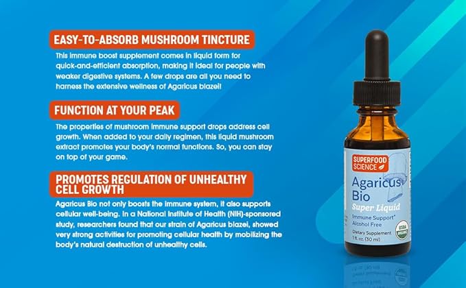 Agaricus Bio Super Liquid Organic Blazei Mushroom Extract Tincture Fruiting Body Beta-Glucan Drops for Natural Killer Cell Activity Liquid Mushroom Supplement for Liver and Immune Support 30 ml