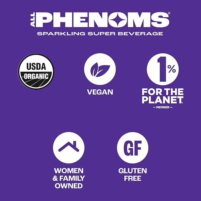 All Phenoms Daily Balance Sparkling Organic Prebiotic &amp Probiotic Drink - Adaptogen Mushroom Blend (500mg of Lions Mane &amp Reishi) Vit C Zinc (Non-Caffeinated No Stevia) - Mango Lemongrass