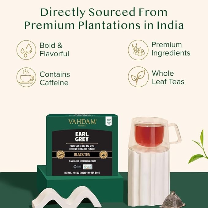 VAHDAM Earl Grey Black Tea Bags (100 Count) Medium Caffeine Non GMO Gluten Free | Citrus Bergamot &amp Smooth | Resealable Ziplock Pouch | Plant Based Tea Bags