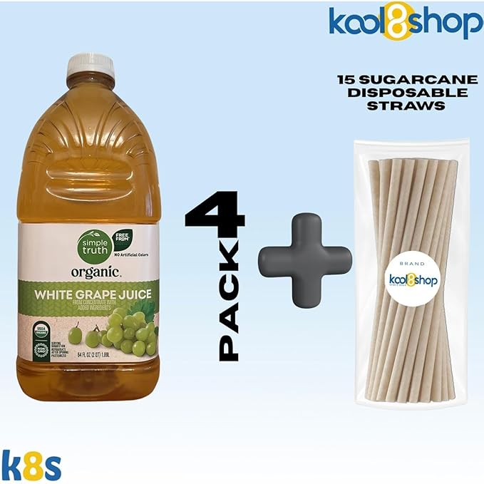 Simple Truth Organic White Grape Fruit Juice 64 fl oz Plastic Bottles 4 Pack + 15 Sugarcane Disposable Straws by KOOL8SHOP Infinite Deals