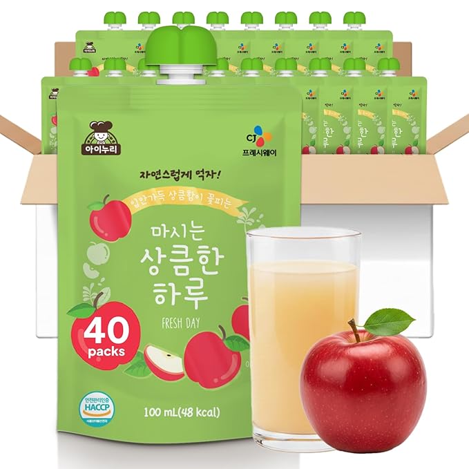 Korean Food CJ Freshway Fresh Apple Juice Drink 3.38 fl oz (100ml) x 40 Pack Korean Apple Juice Beverage Single Serve