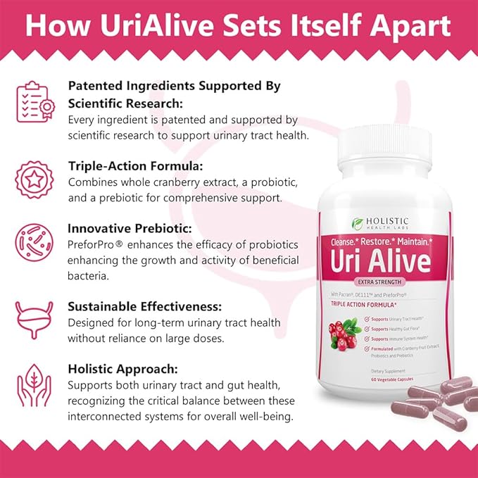 Uri Alive Extra Strength Urinary Support Supplement for Urinary Tract Bladder Gut Flora and Immune System Health (60 Count (Pack of 3))