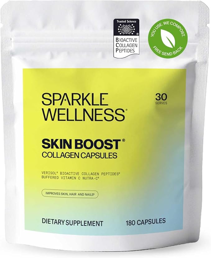Sparkle Wellness Skin Boost Collagen Capsules (180 Pills) | 30 Days of 2500mg VERISOL Collagen Peptides &amp Vitamin C | Improves Skin Elasticity &amp Appearance of Fine Lines | Strengthens Hair &am