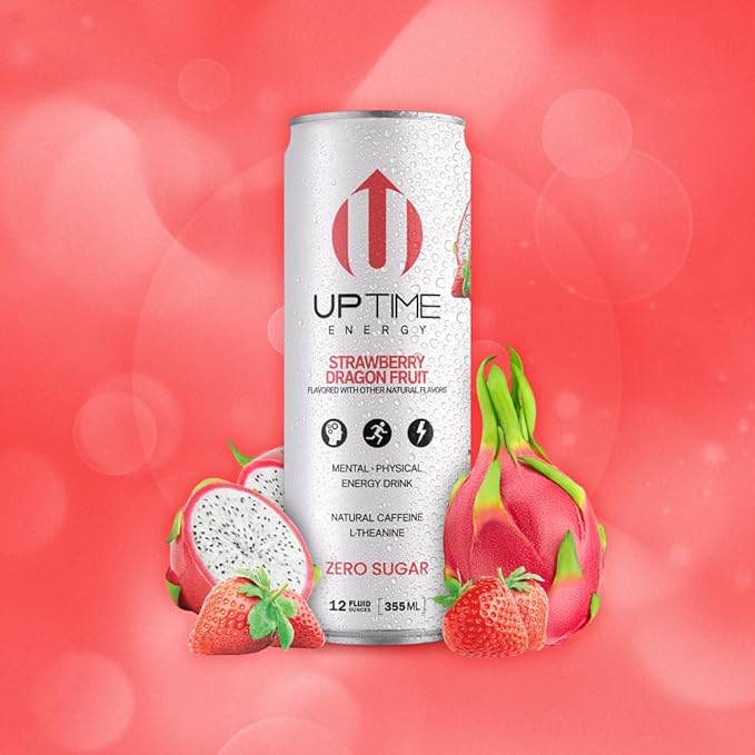 UPTIME Energy Drink Strawberry Dragon Fruit Sparkling 12 Pack L Theanine Calcium Zero Sugar Energy Drinks for Focus Support 142mg Natural Caffeine 0 Calories Natural 12 fl oz Cans