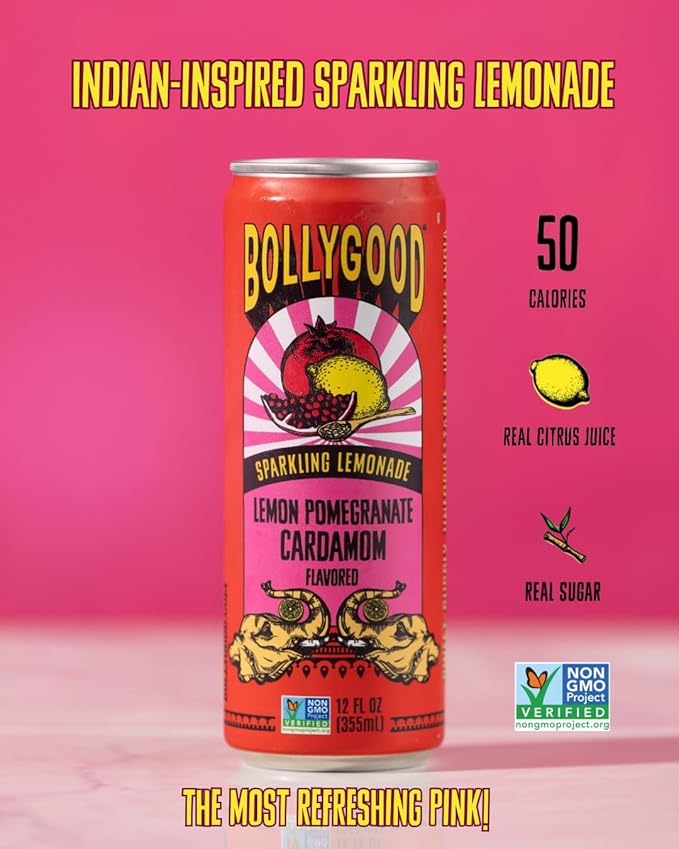 Bollygood Sparkling Lemonade Lemon Pomegranate Cardamom Indian Inspired Beverage Nimbu Pani No Artifical Colors or Flavors Non-GMO Project Verified 12 FL OZ Cans (Pack of 12)