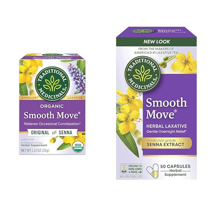Traditional Medicinals Tea Organic Smooth Move Relieves Occasional Constipation Senna 16 Tea Bags + Smooth Move Senna Laxative Capsules Natural Herbal Constipation Relief 50 Capsules (Pack of 1)
