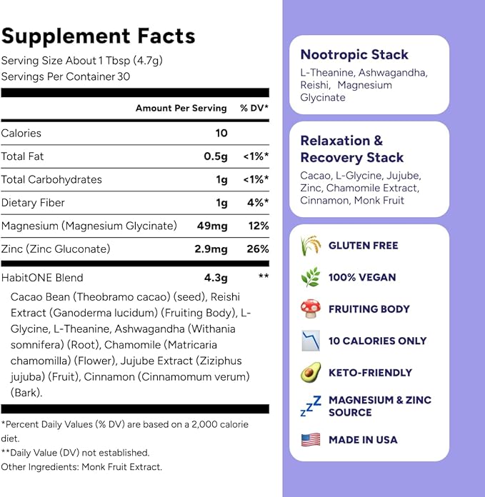 Magnesium Mushroom Cocoa with Ashwagandha &amp Reishi - Adaptogens Blend - Zinc L-Theanine L-Glycine Chamomile Jujube &amp Cinnamon - Made in USA - 30 Servings