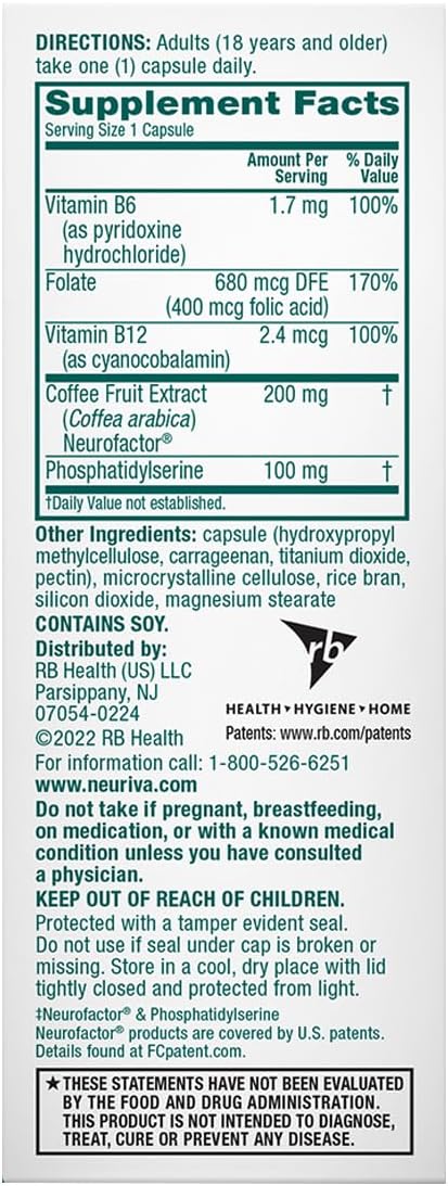 NEURIVA Plus Brain Supplement for Memory Focus &amp Concentration + Cognitive Function with Clinically Tested Nootropics Phosphatidylserine and Neurofactor VIT B6 &amp B12 30 Count Capsules (2 Pa