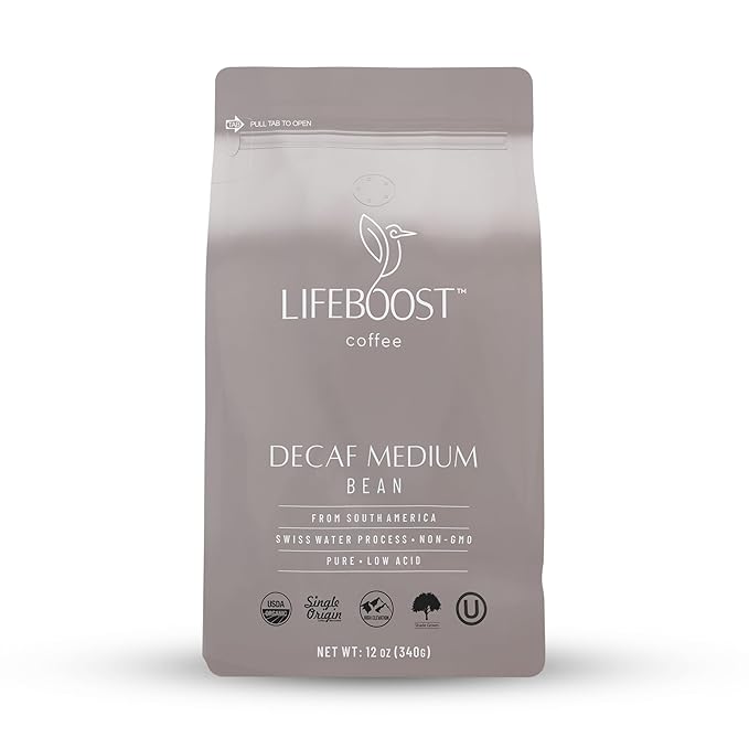 Lifeboost Medium Roast Swiss Water Decaf Whole Bean Coffee - Low Acid Organic Decaf Coffee Non-GMO USDA Organic Single Origin Third-Party Tested for Mycotoxins &amp Pesticides - 12 oz Bag