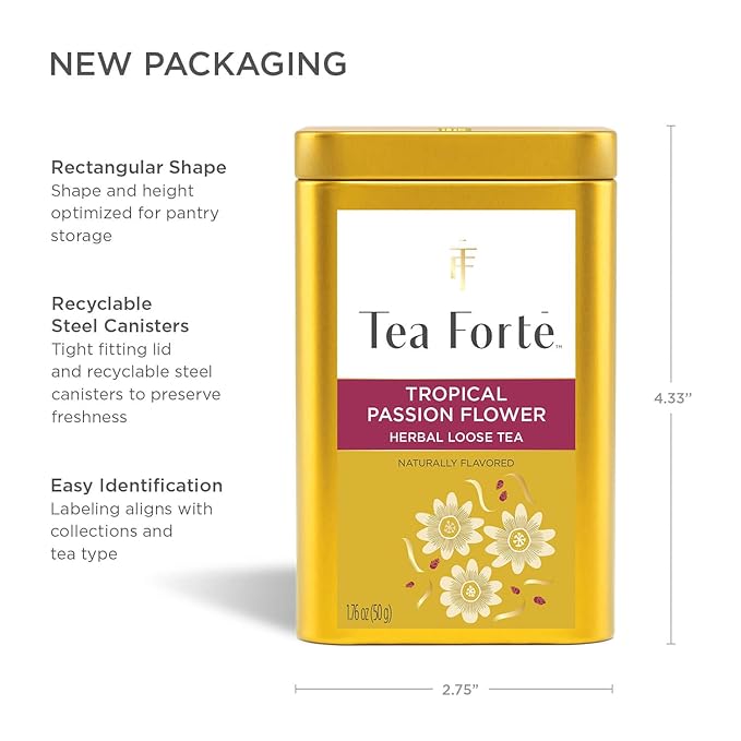 Tea Forte Tropical Passion Flower Premium Loose Leaf Caffeine-Free Herbal Tea Blend Canister Makes 35-50 Cups
