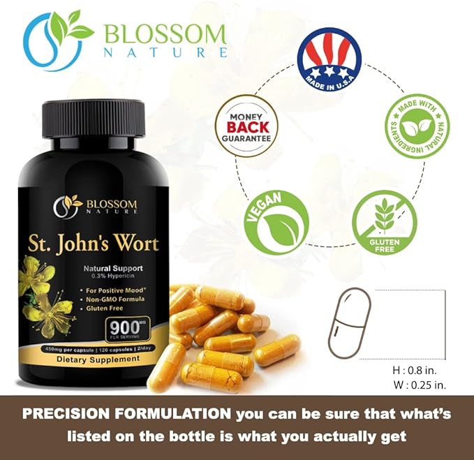 St Johns Wort 900mg-Mood Support Supplement*-Calm Supplements*-120 Vegetable St Johns Wort Capsules(2 Month Supply)450mg of Vegan Non-GMO St. John's Wort (Hypericum Perforatum)0.3%Hypericin per Cap