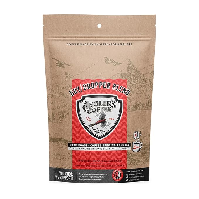 Angler’s Coffee Dry Dropper Dark Roasted Single Serve Coffee in a Pouch - Carefully Roasted Freshly Ground &amp Nitrogen Flushed Quality Colombian Coffee - Just add Water - 10 ct