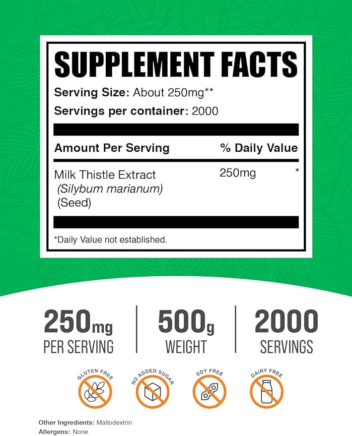BulkSupplements.com Milk Thistle Extract Powder - Herbal Supplement Milk Thistle Supplement - Gluten Free 250mg per Serving 500g (1.1 lbs) (Pack of 1)