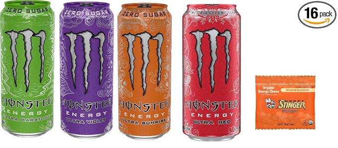 Monster Energy Drink Zero Ultra Variety - Paradise Violet Sunrise Red 16 ounce (Pack of 16) and Stinger Chews (Assorted)