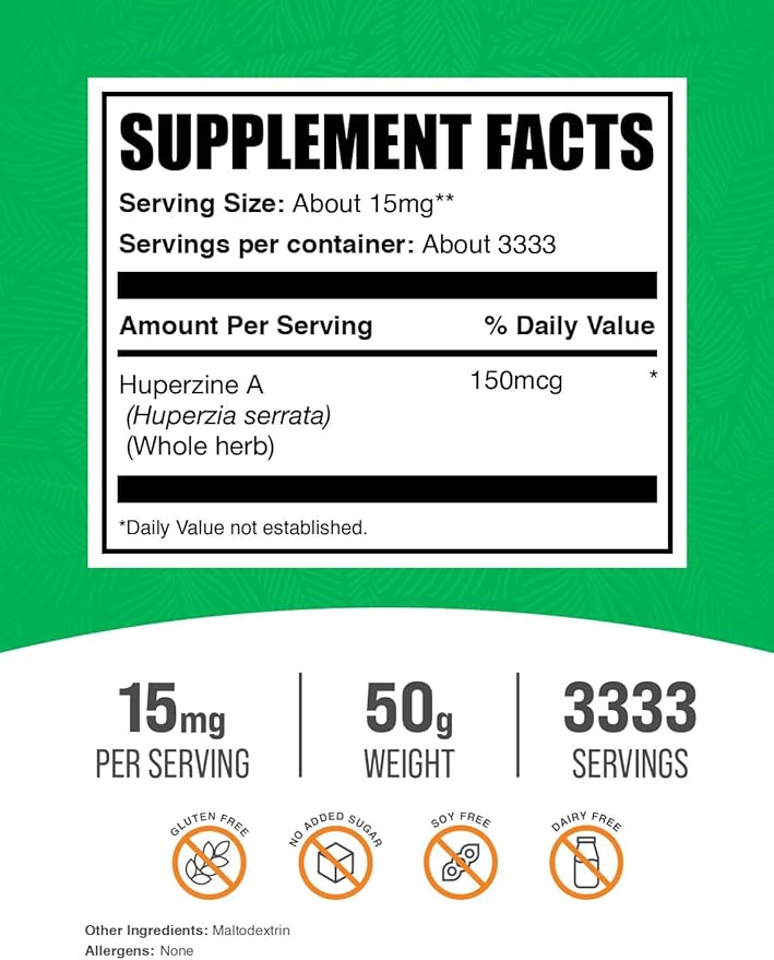 BulkSupplements.com Huperzine A Powder - Huperzia Serrata Powder Huperzine A Supplement - Nootropic Supplement Gluten Free 15mg per Serving 50g (1.8 oz) (Pack of 1)