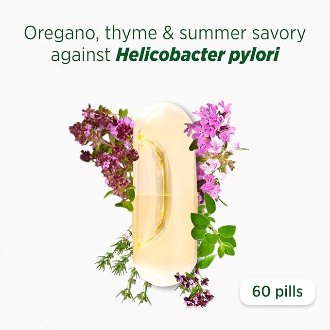 HerbELICO® - Wild Oregano Thyme &amp Summer Savory Essential Oils Mediterranean Blend 60 Capsules Herbal Supplement addresses H. Pylori Acid Reflux Heartburn Non-GMO &amp Gluten Free