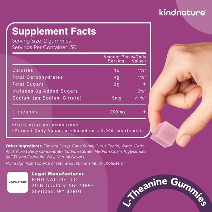 kindnature L-Theanine Gummies 200mg – Vegan Calm &amp Focus Supplement for Adults &amp Kids Ages 4+ – Mixed Berry Chewable Low Sugar Non-Drowsy*