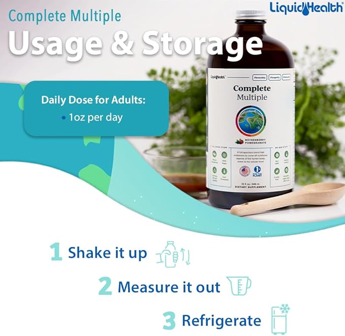 LIQUIDHEALTH Complete Multiple Adult Liquid Multivitamin - Essential Vitamins Minerals &amp Nutrients Immune Support Gut Health Energy Detox - Made in USA Vegan Non-GMO Sugar-Free (32 oz)