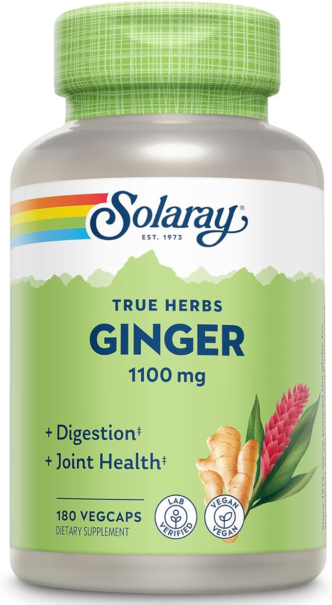 SOLARAY Ginger Root Capsules for Men &amp Women - Ginger Supplement for Digestive Health Support 1100 mg per Serving Motion &amp Stomach Discomfort Support Vegan Herb Sun Grown Whole Root- 180