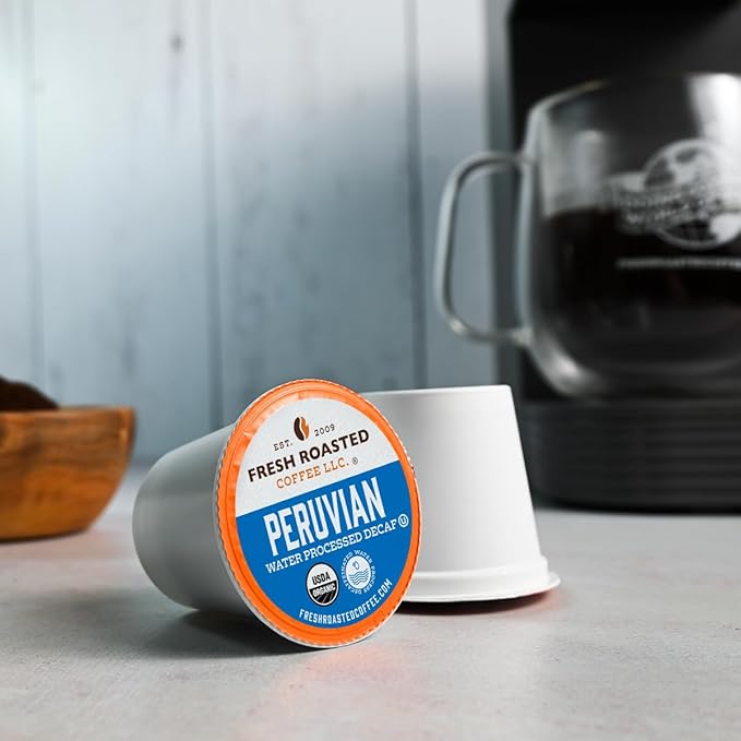 Fresh Roasted Coffee USDA Organic Peru Water-Processed Decaf | 3rd Party Tested for Pesticides Mold Mycotoxins Kosher | 100% Arabica Specialty Grade Med Roast 24 Pods for K Cup Brewers