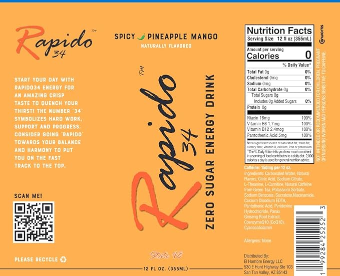 Rapido 34 Energy drink Spicy Pineapple Mango Zero Sugar 12oz can 12 pack case
