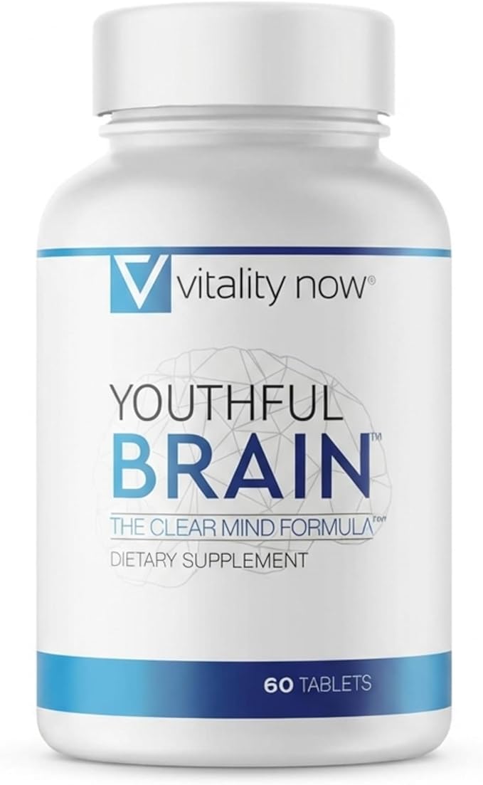 Youthful Brain | Memory &amp Brain Health Support Supplement with Bacopa Monnieri Ginkgo Biloba B12 - Easy to Swallow Tablets - 30-Day Supply (60 Count)