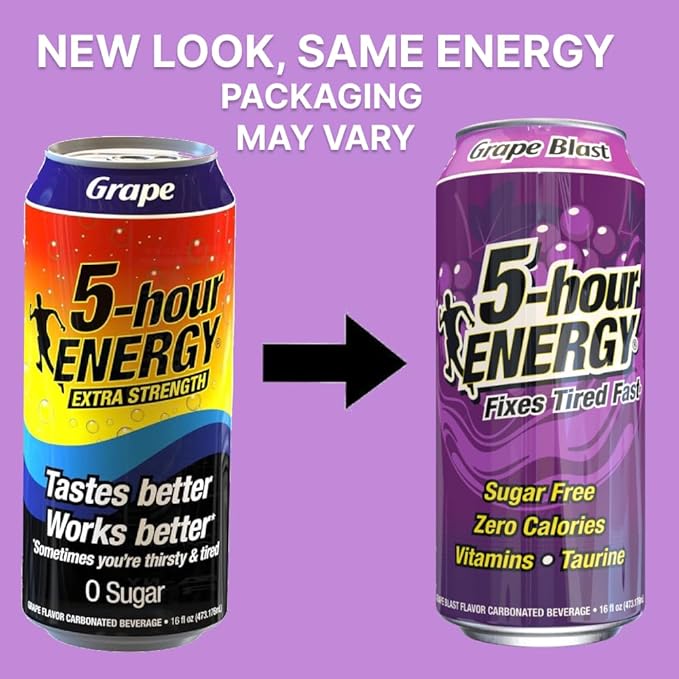 5-hour ENERGY Extra Strength Energy Drink | Grape Flavor 16 oz. Cans 12 Count Sugar-Free &amp Zero Calories Vitamins Amino Acids Contains Carbonation 230mg of Caffeine 192 ounces (16 Fl Oz (Pack of 1