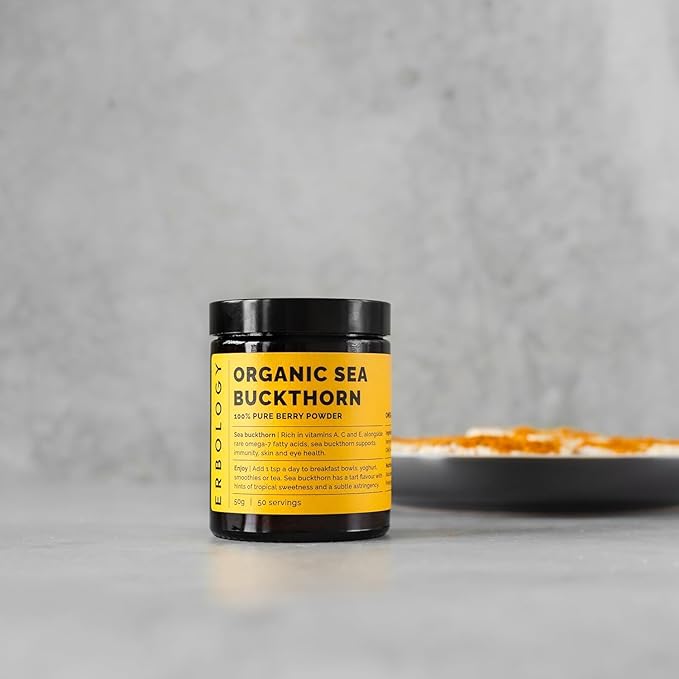 Erbology Organic Sea Buckthorn Powder 1.8 oz - 50 Servings - Skin Health and Immunity Support - Rich in Omega-7 (6.5%) Vitamin C and Vitamin A - Seeds Removed More Concentrated - Vegan - GMO-Free