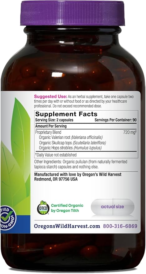 Oregon's Wild Harvest Muscle Relax Herbal Supplement Vegan Capsules with Valerian Hops and Skullcap - USDA Certified Organic - 180 Count