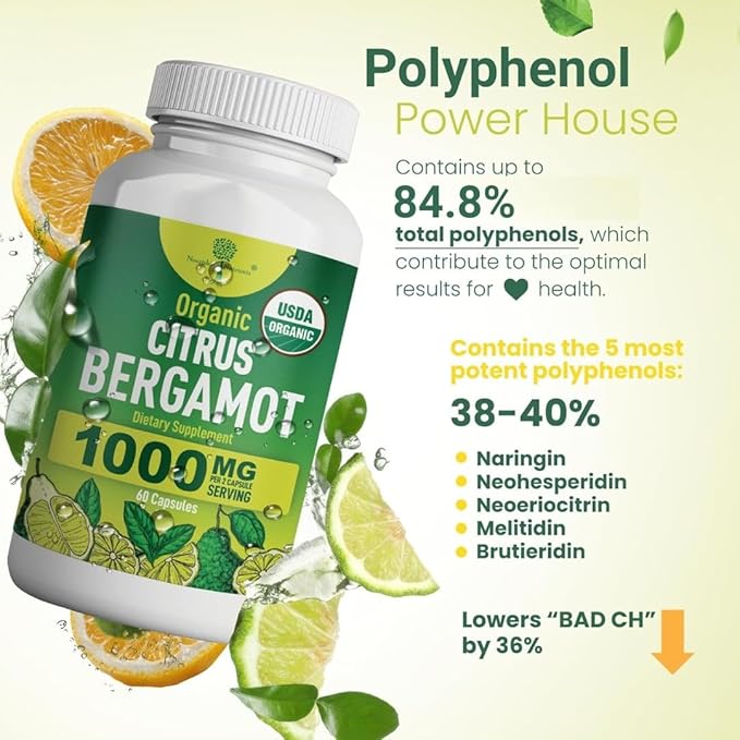 Organic Citrus Bergamot Supplement - Only USDA Cardiologist Formulated with 200+ Scientific Studies -1000mg - Patented Extract Heart Cholesterol &amp Lipid - Italian Bergamot High Polyphenols 60c
