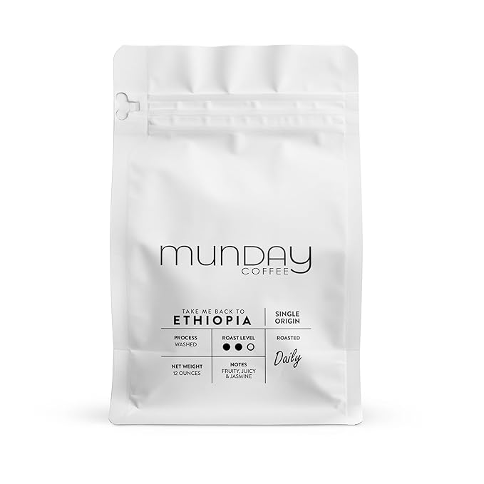 Munday Coffee Freshly Roasted Specialty Coffee - Curated from the World's Top 1% - Chosen by Experts Whole Bean Medium Roast Full Body Low Acidity - 10 oz (Ethiopia)
