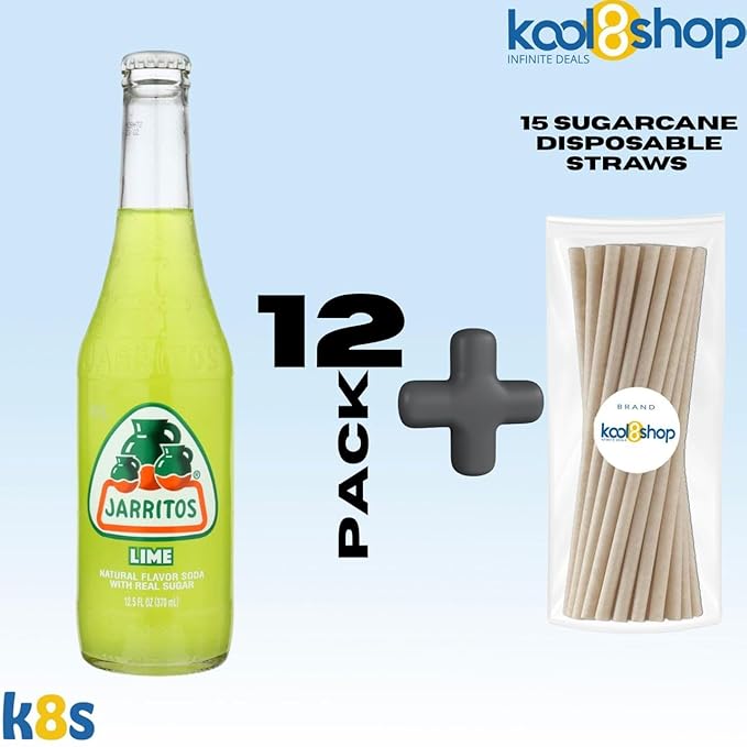 Jarritos Lime Mexican Soft Soda Drink 12 fl oz Glass Bottles 12 Pack + 15 Sugarcane Disposable Straws by KOOL8SHOP Infinite Deals