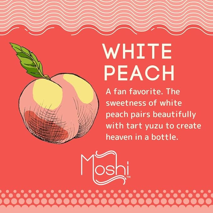 Moshi Yuzu Sparkling Drink Aromatic and Zesty Made with 100% Yuzu juice All-Natural Vegan Gluten-free No Artificial Preservatives/Coloring - 12 oz (6 Glass Bottles) - White Peach