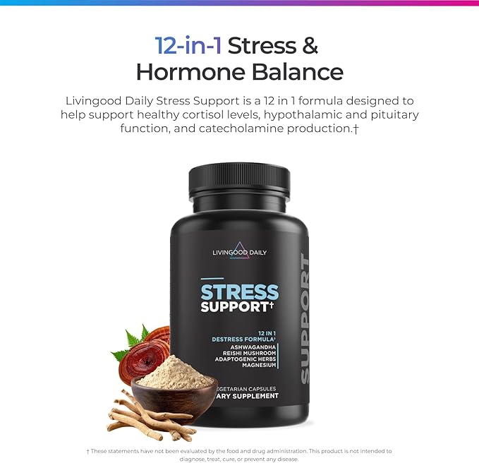 Livingood Daily Stress Support 12-in-1 Supplement with Ashwagandha Reishi Mushroom Vitamin B6 Adaptogenic Herbs &amp Magnesium Supports Mood &amp Calm Gluten Free Vegan 60 Vegetarian Capsule