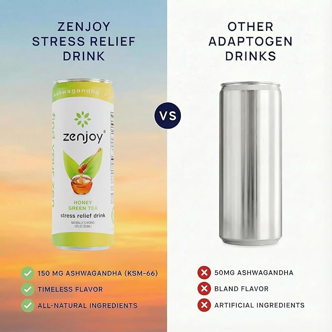 Stress Relief Drink Calming Green Tea Non Alcoholic Ashwagandha &amp Lemon Balm for Stress Relief L - Theanine for Focus (12 Pack) (Honey)
